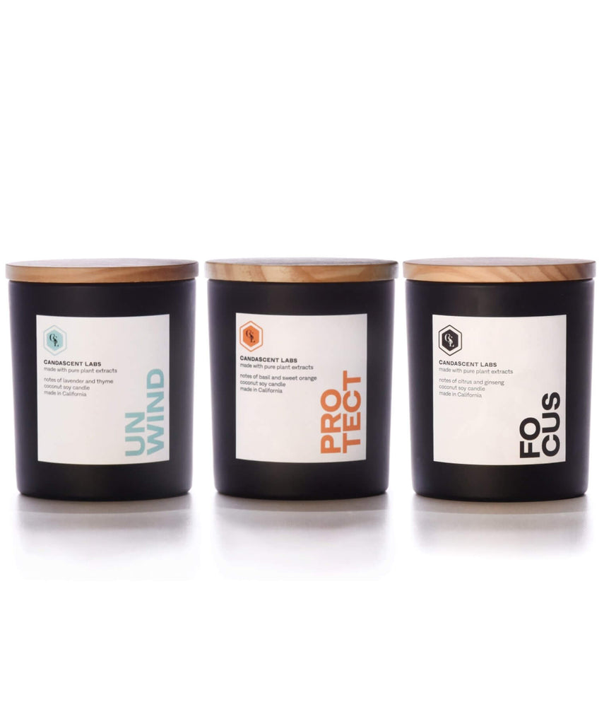 UNWIND, FOCUS, and PROTECT Candles from CandaScent Labs